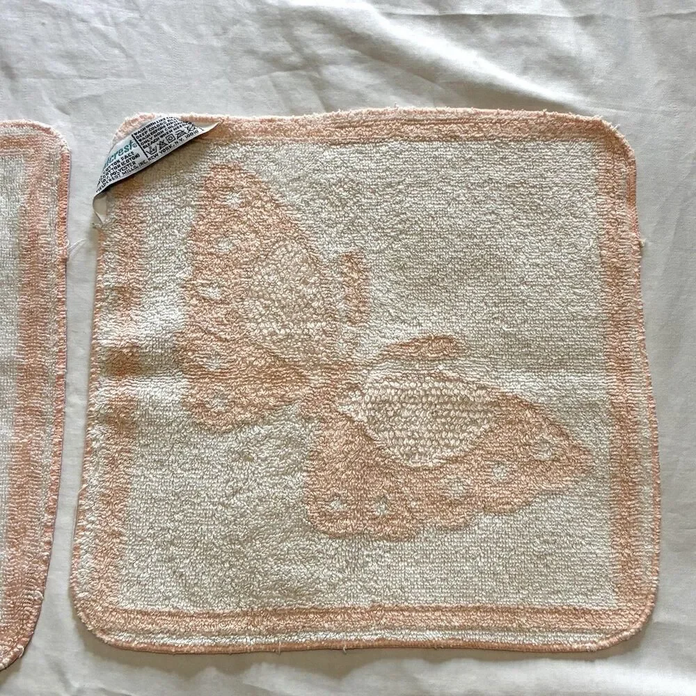 Vintage Fieldcrest Washcloth Face Towel Set of 2 Peach White Butterfly